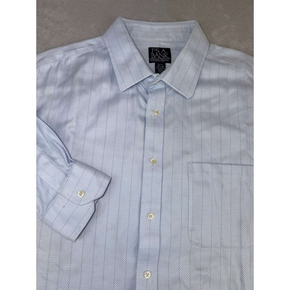 Jos A Bank Signature Collection Slim Fit Dress Shirt 17.5X36 Blue Herringbone